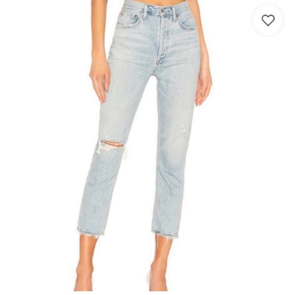 Agolde Riley Light Wash Distressed High Rise Straight Cropped Jeans